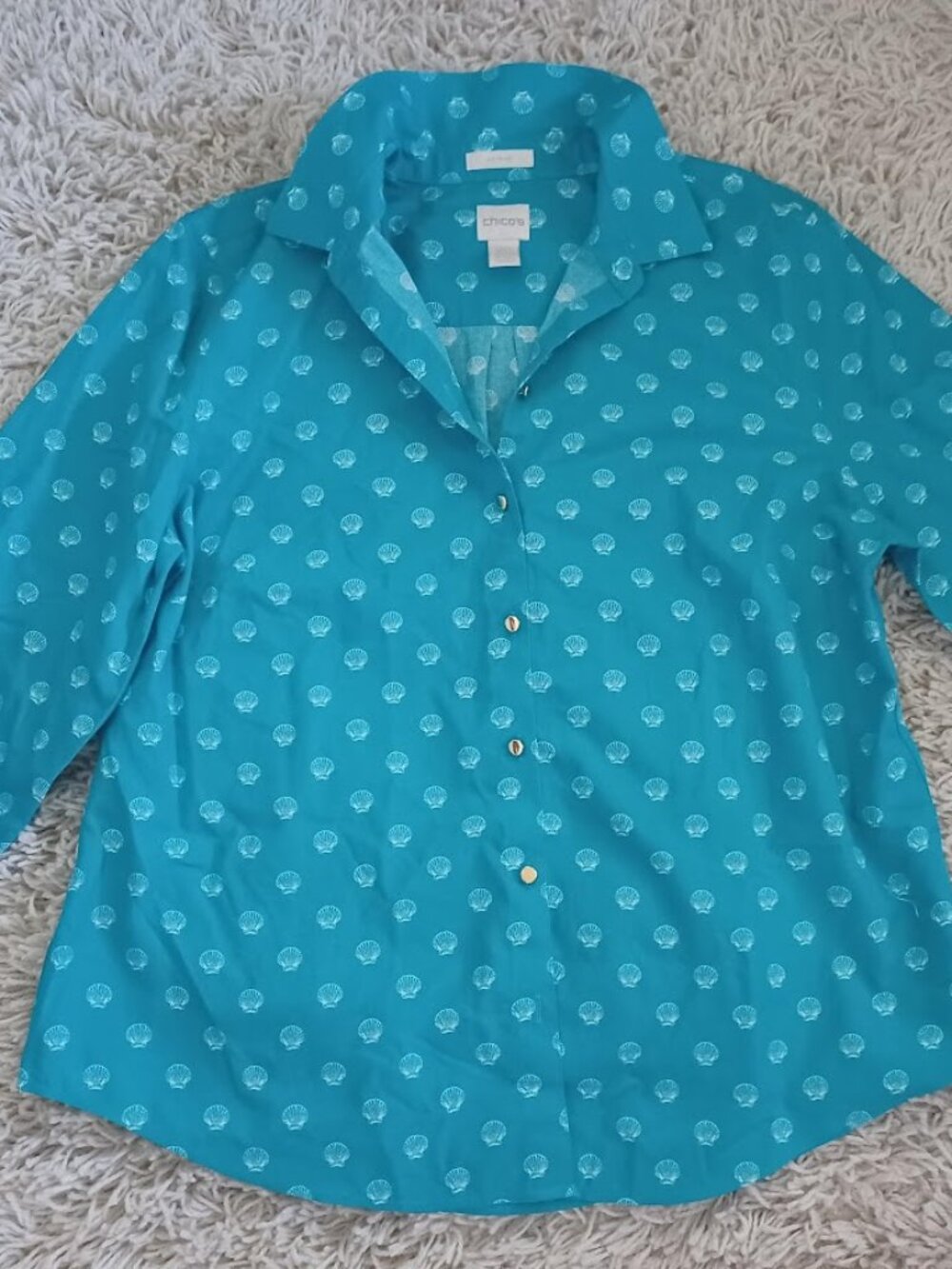 Chico’s L Petite Aqua Seashell Print Button Front Blouse 100% Cotton Roll Tab